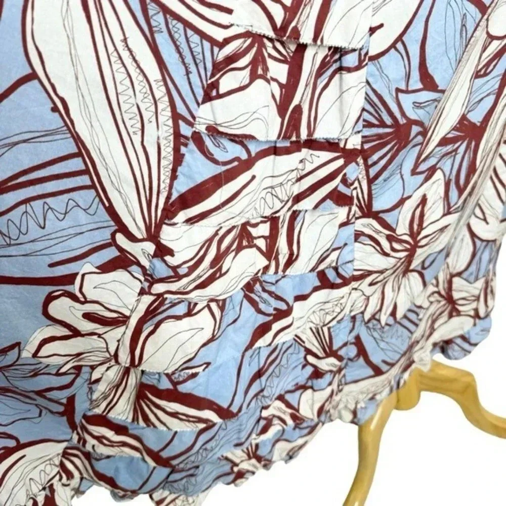 NICHOLAS Julie Cotton Floral Midi Dress Ruffle Detail and Pockets Blue Size 2